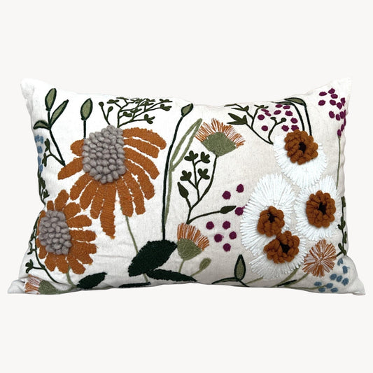 Neutral Floral Embroidered Throw Pillow for Living Room