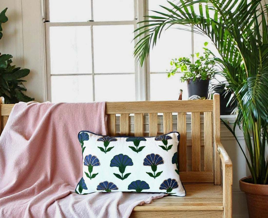 Coastal Eclectic Throw Pillow White with Blue and Green Floral Design