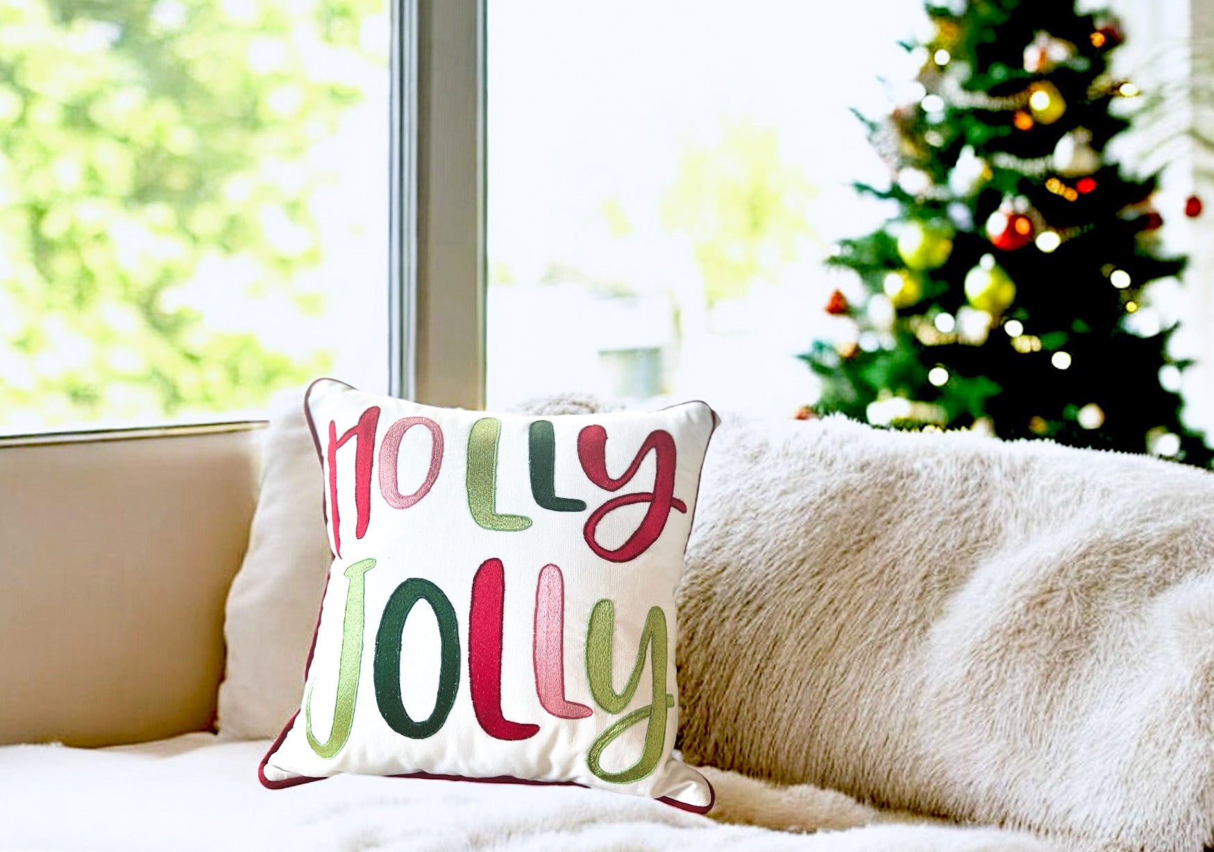 holly jolly embroidered christmas throw pillow