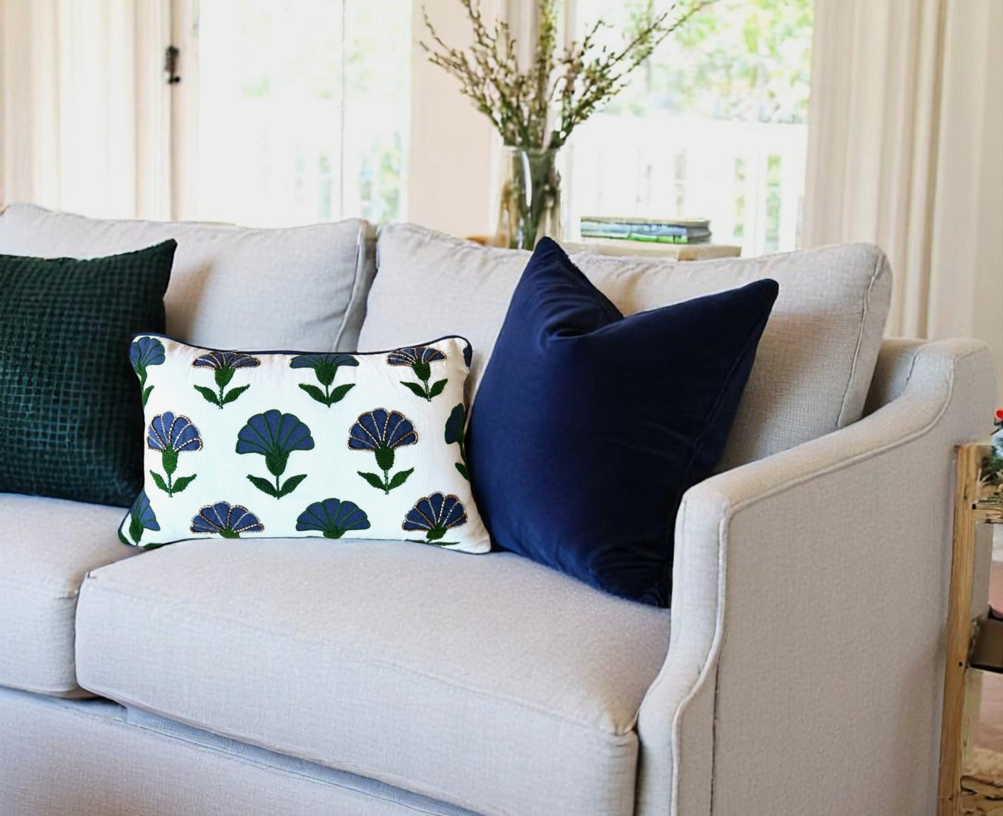 Embroidered Floral Blue Boho Accent Throw Pillow