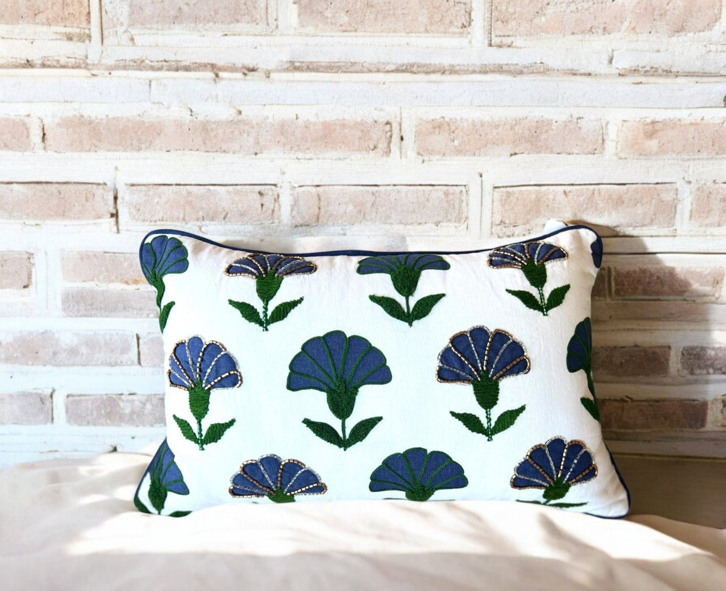 Rectangular Blue Floral Throw Pillow for grey couch