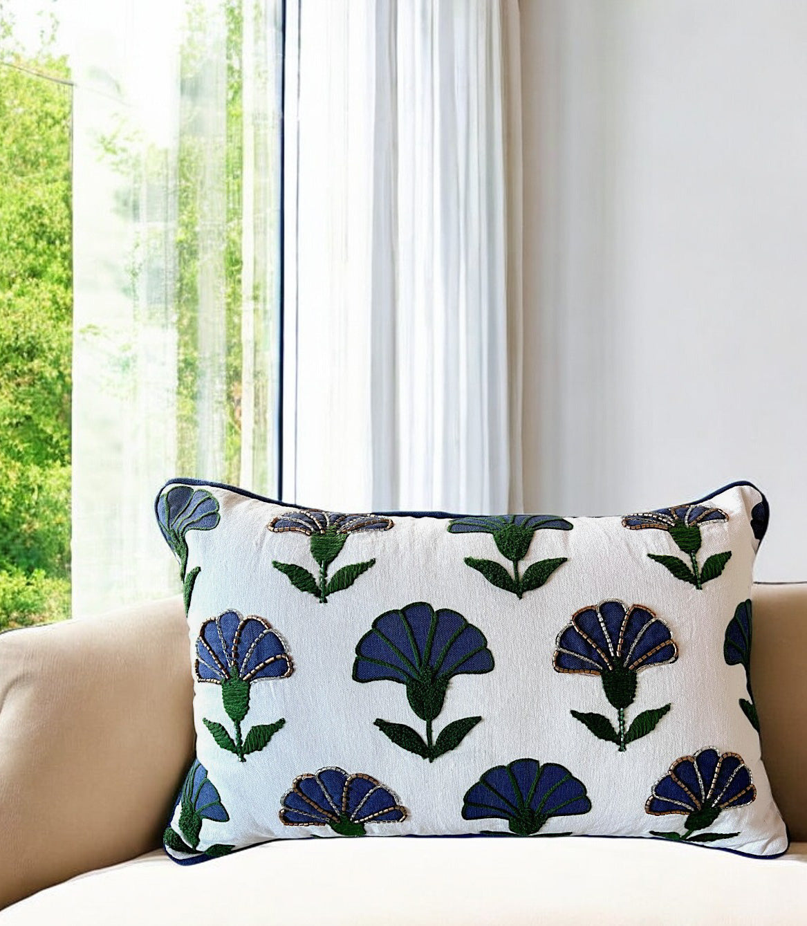 Rectangular Blue Boho Floral Throw Pillow for grey couch