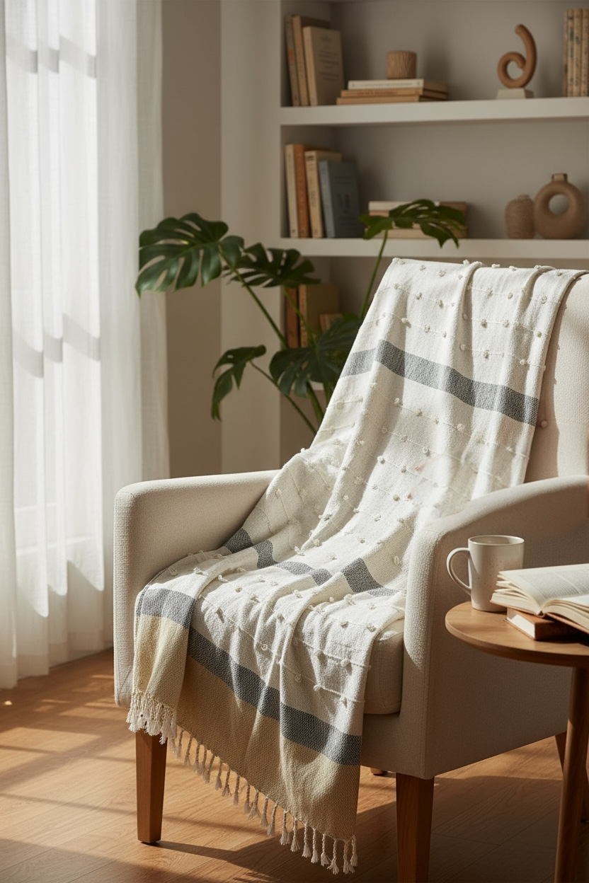 Hand Woven Beige Tassel Cotton Throw Blanket with Tufts (Copy)