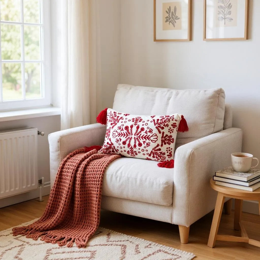 Red and white embroidered boho pillow with tassels placed on a cream armchair, styled with a rust knit throw blanket in a warm, inviting corner with natural decor.