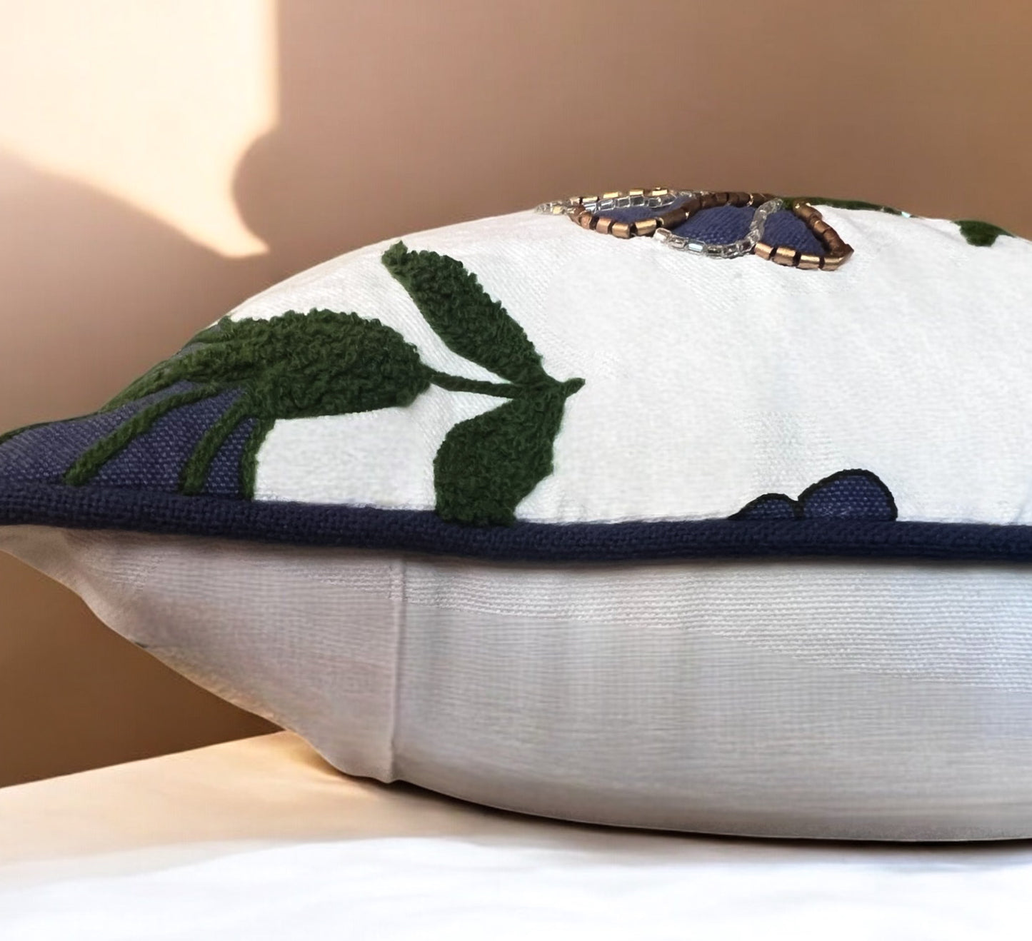 hand embroidered eclectic blue floral throw pillow