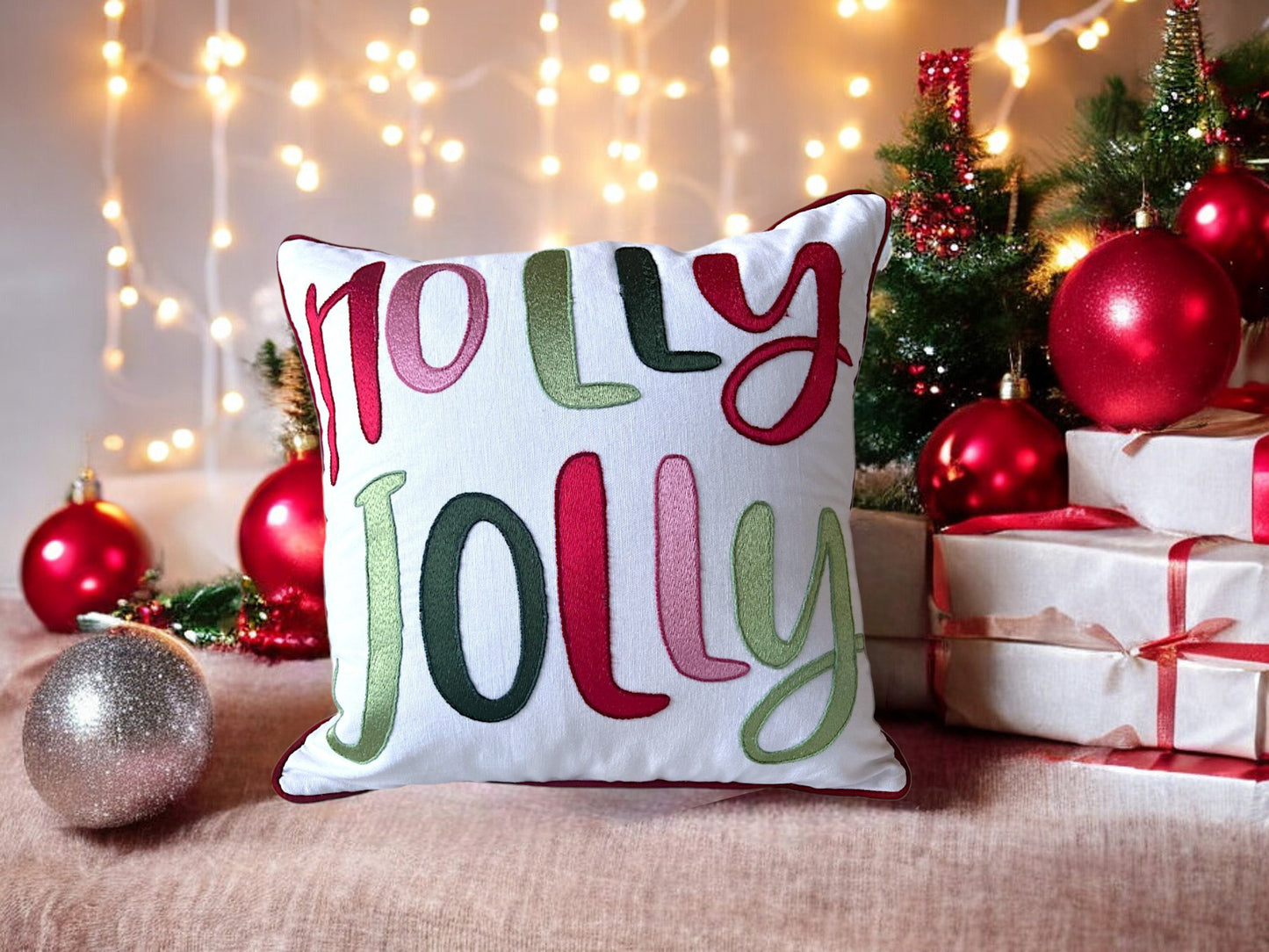 holly jolly embroidered christmas throw pillow