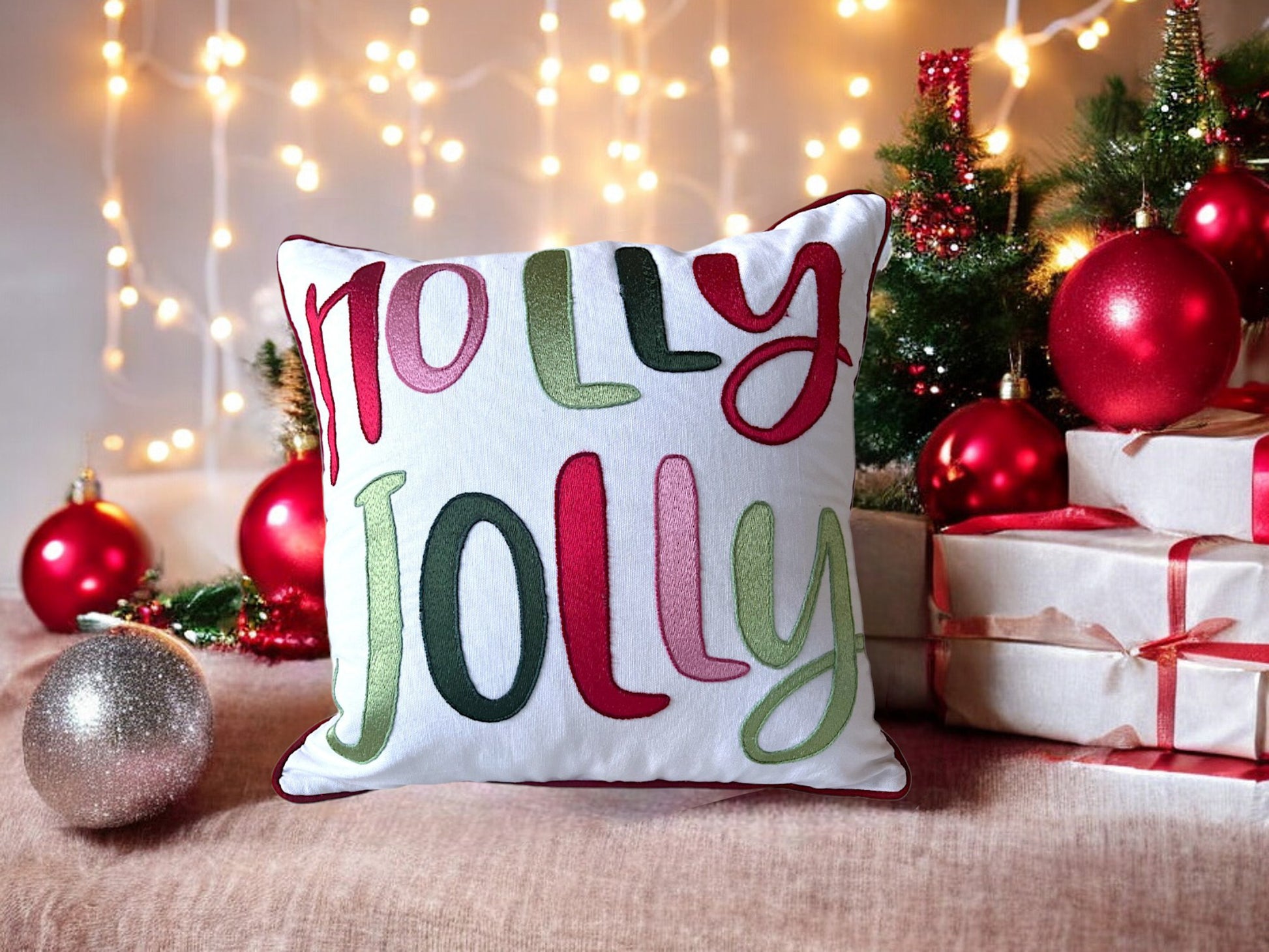 holly jolly embroidered christmas throw pillow