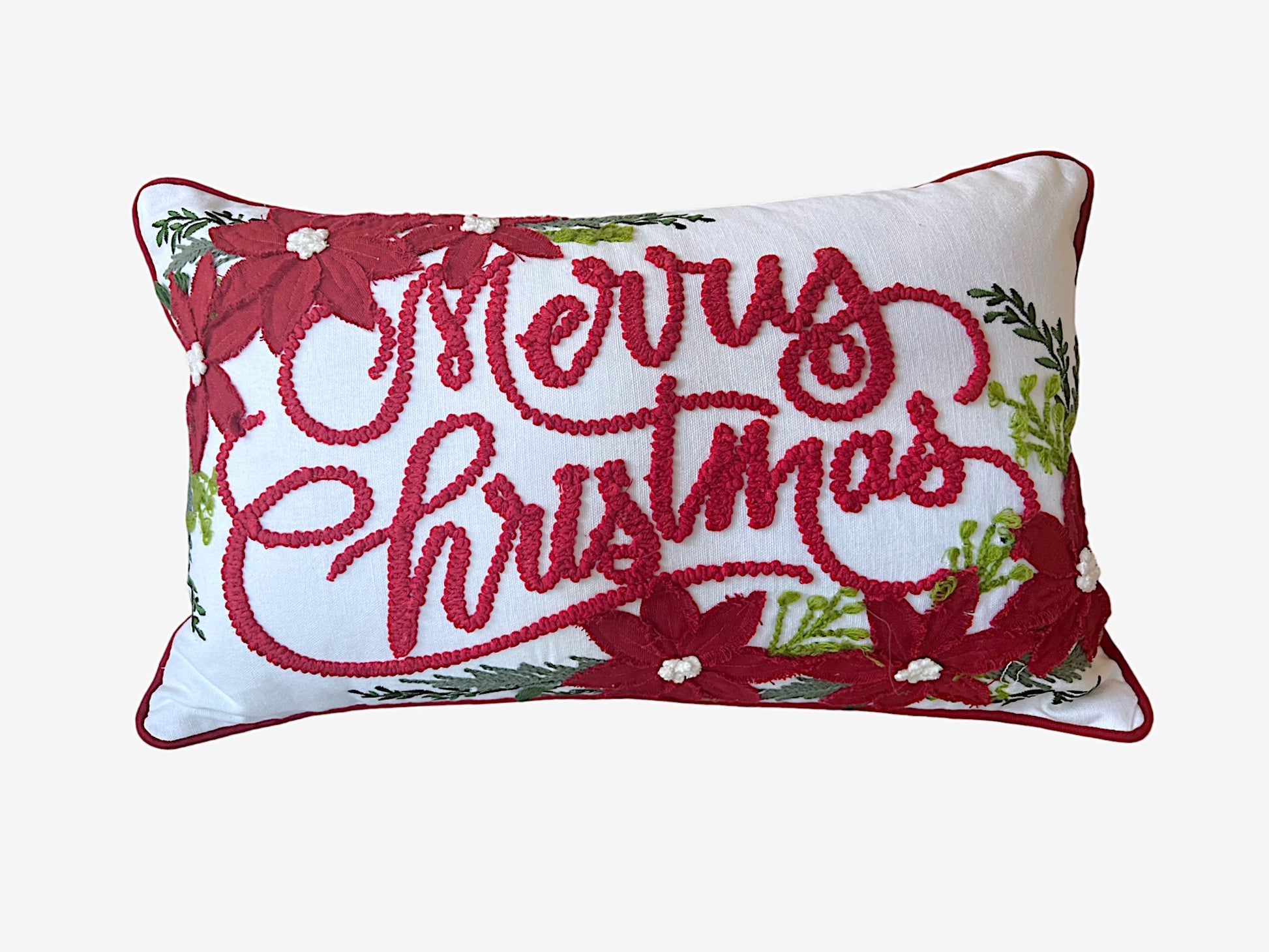 merry floral embroidered throw pillow red and white