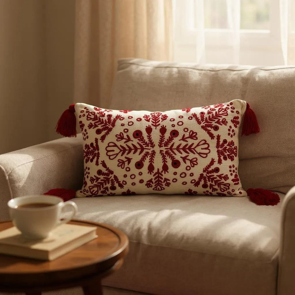 Red and white embroidered boho pillow with tassels placed on a cream armchair, styled with a rust knit throw blanket in a warm, inviting corner with natural decor.