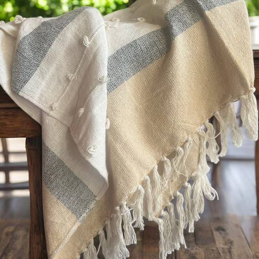 Hand Woven Beige Tassel Cotton Throw Blanket with Tufts (Copy)