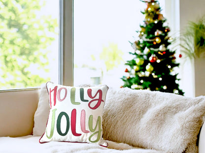 Holly Jolly Embroidered Christmas Themed Pillow