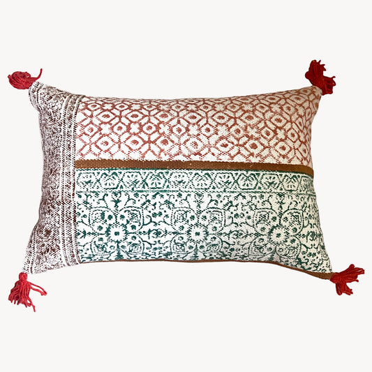 Hand Block Print Lumbar Throw Pillow For Bed - Room Decor Pillow 2024