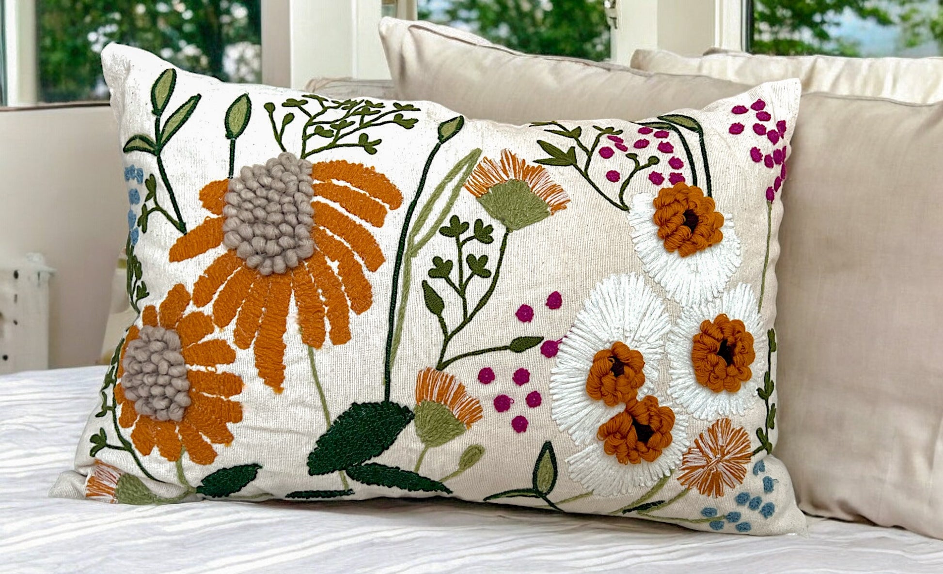 Elegant Embroidered Floral Neutral Sham Pillow - Bedroom Decor Pillow