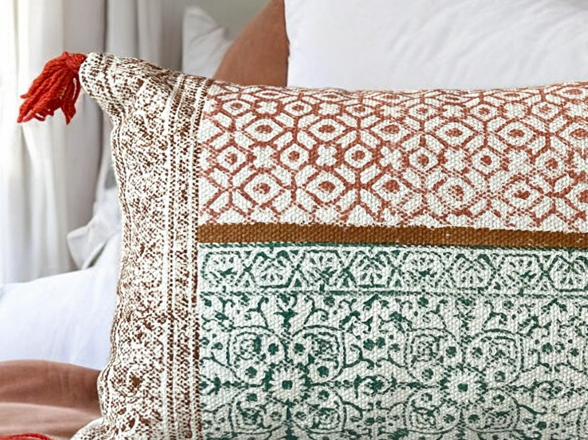 Hand Block Print Lumbar Throw Pillow For Bed - Room Decor Pillow 2024