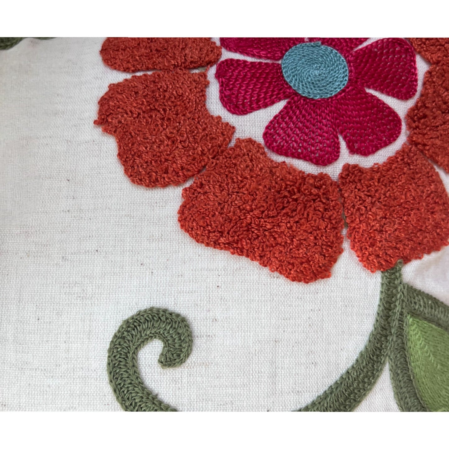 Close-up of a embroidered flower design on fabric