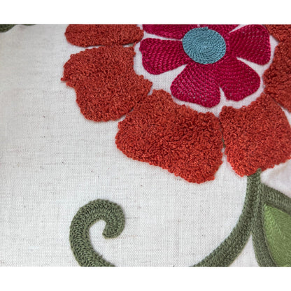 Close-up of a embroidered flower design on fabric