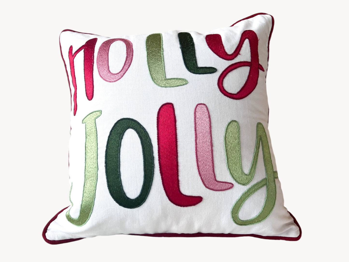 Holly Jolly Embroidered Christmas Themed Pillow