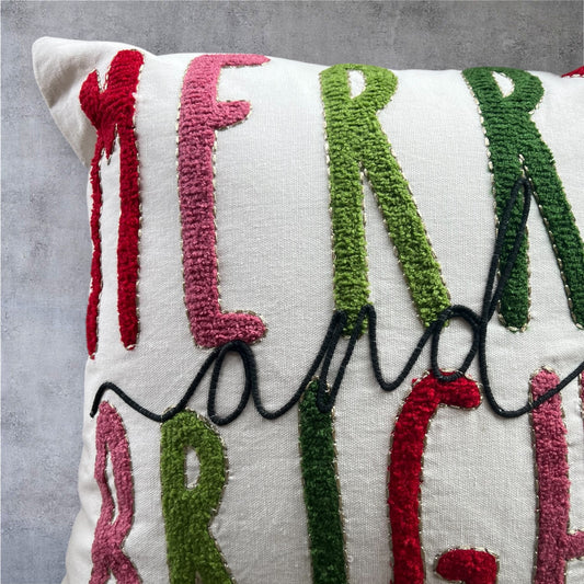 merry and bright embroidered christmas throw pillow