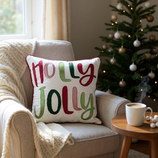 Holly Jolly Embroidered Christmas Themed Pillow