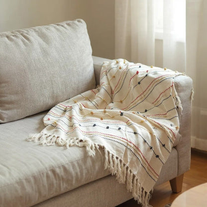 Hand Woven Cream Throw Blanket Striped with Tufts and Tassels