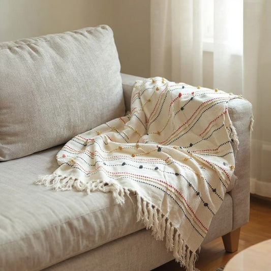 Hand Woven Cream Throw Blanket Striped with Tufts and Tassels