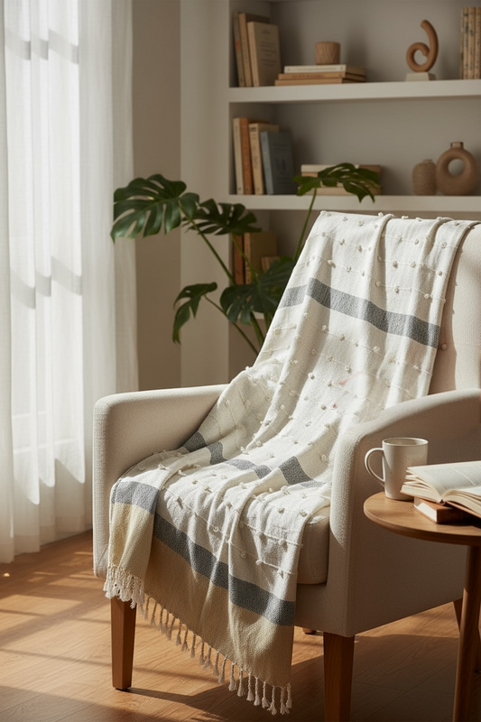 Hand Woven Beige Tassel Cotton Throw Blanket with Tufts (Copy)