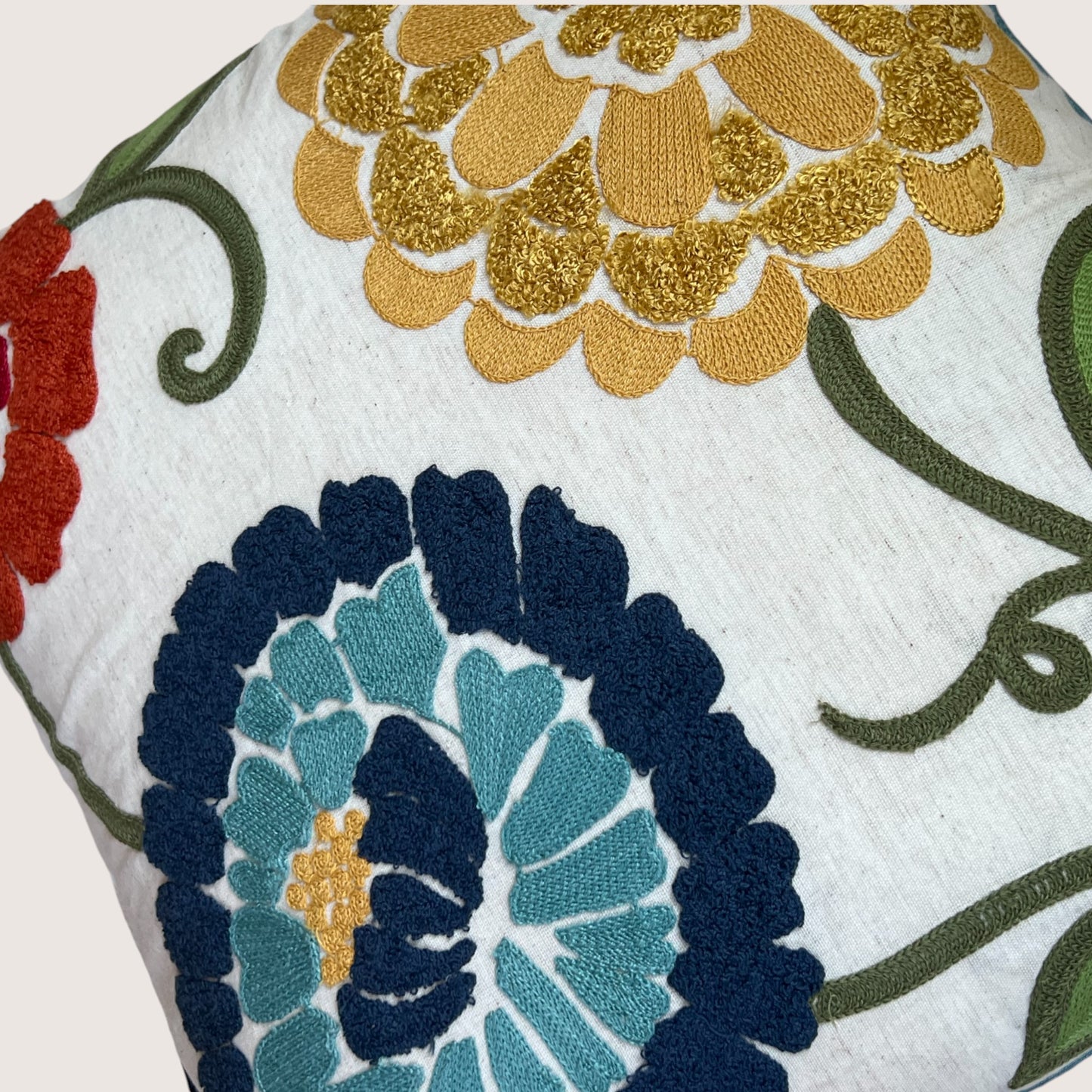 Close-up of a floral patterned fabric with embroidered flowers in gold, blue, and red on a white background.