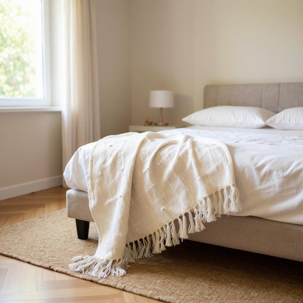 Bedroom with a neatly made bed featuring a white comforter and fringed throw blanket.