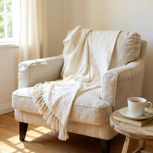 Beige armchair with a white blanket draped over it in a cozy room.
