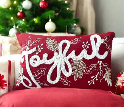 Joyful Gold and Red Embroidered Christmas Themed Pillow