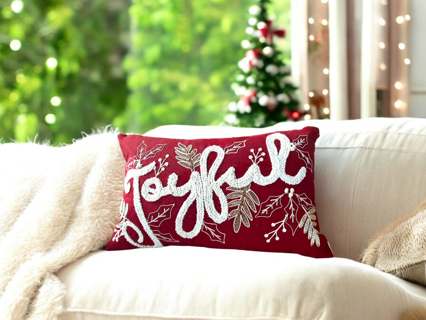 Joyful Gold and Red Embroidered Christmas Themed Pillow