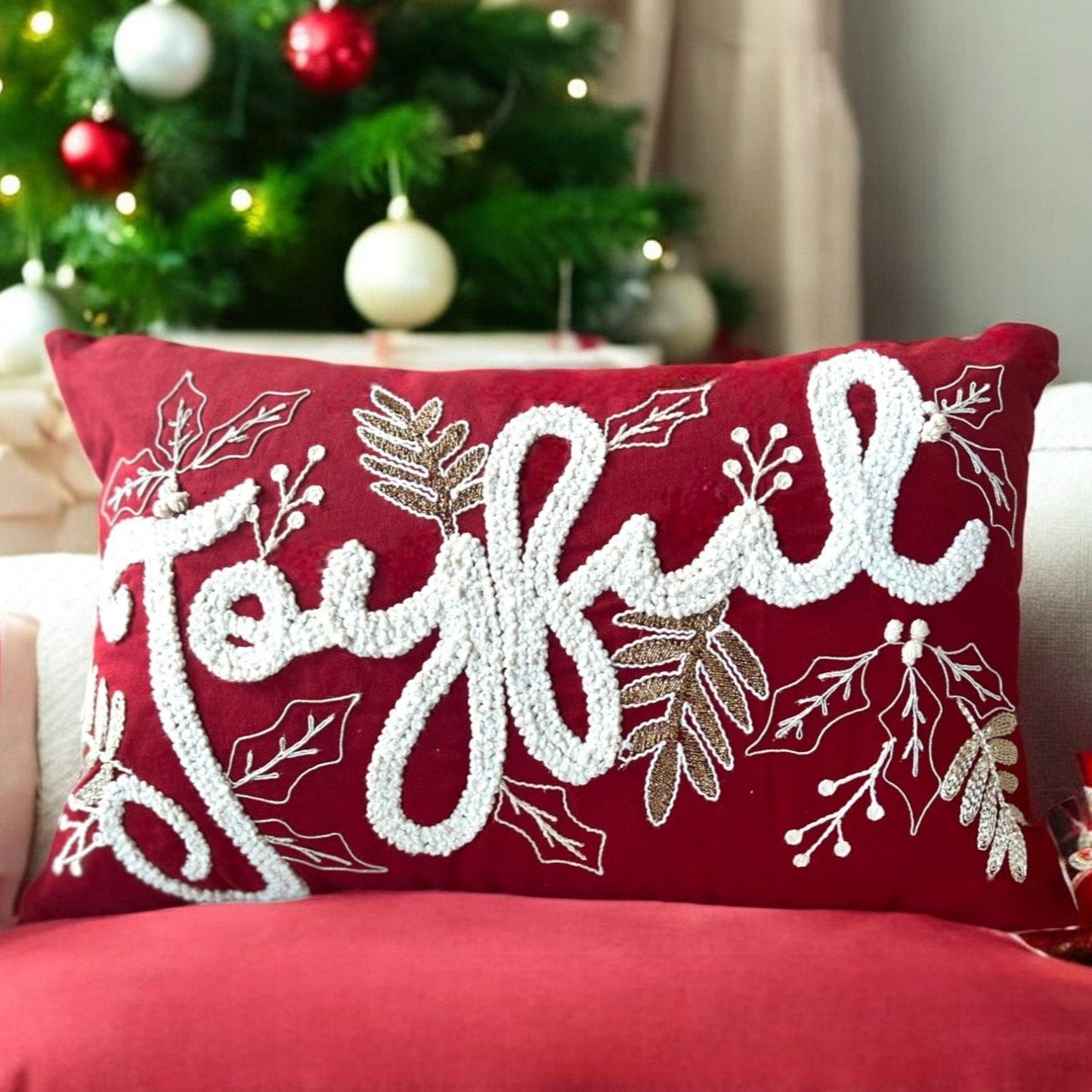 Joyful Gold and Red Embroidered Christmas Themed Pillow