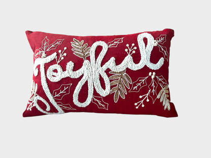 Joyful Gold and Red Embroidered Christmas Themed Pillow