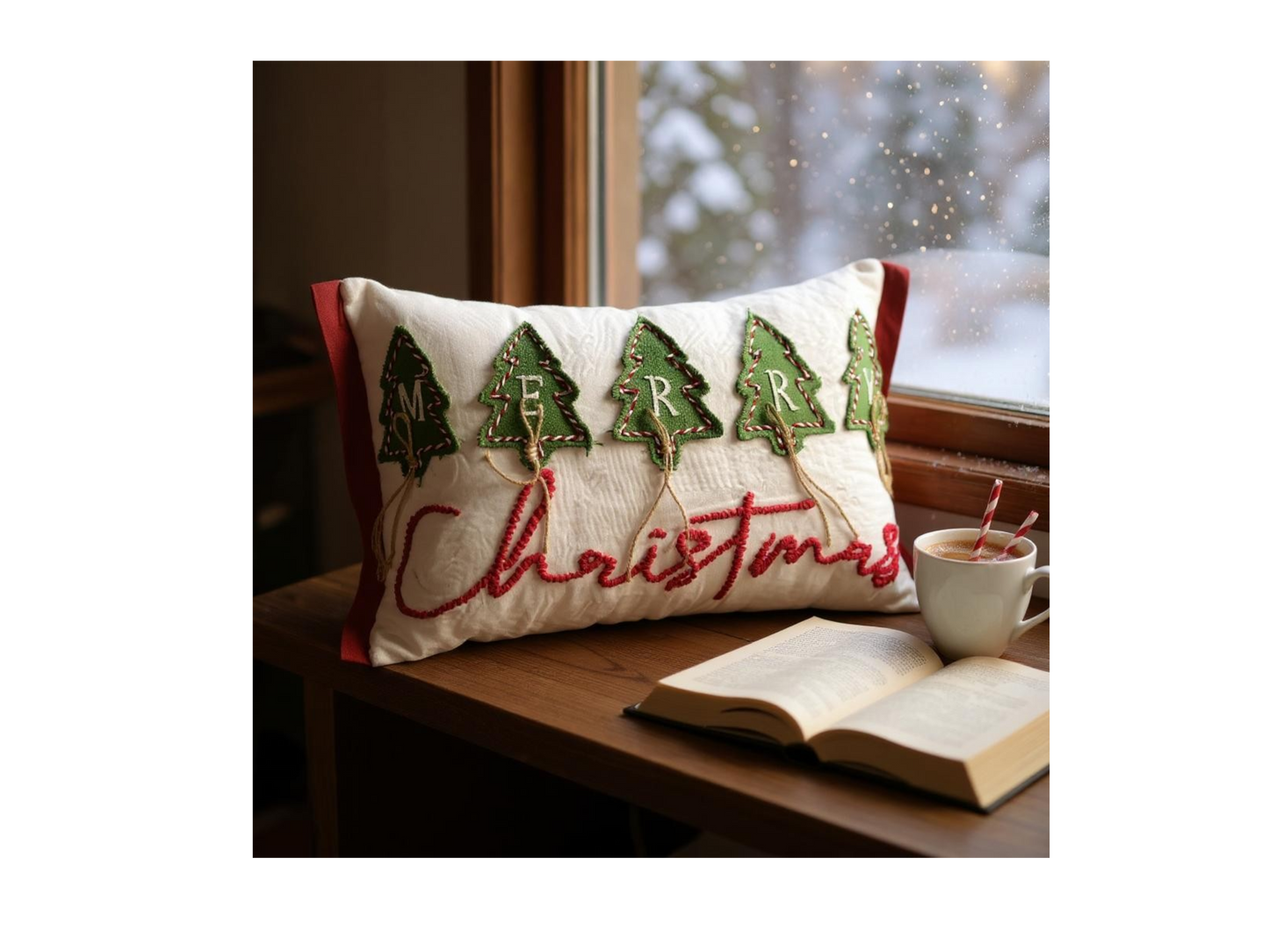 Merry Christmas Embroidered and  Applique Tree with Jute Embellishments Throw Pillow