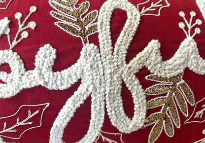 Joyful Gold and Red Embroidered Christmas Themed Pillow