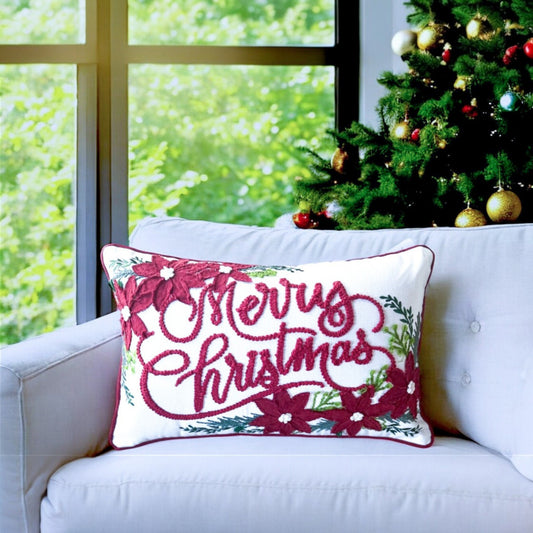 merry christmas pillow lumbar festive vintage pillow in white and red with poinsettias