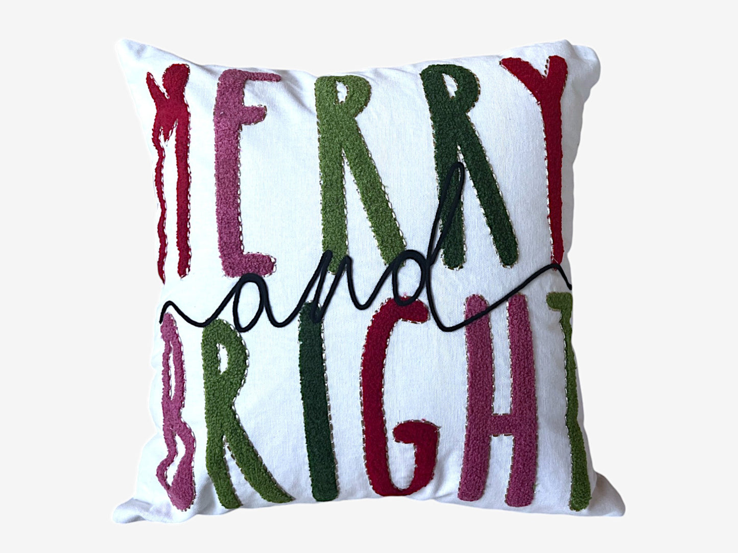 Merry and Bright Embroidered Christmas Themed Pillow