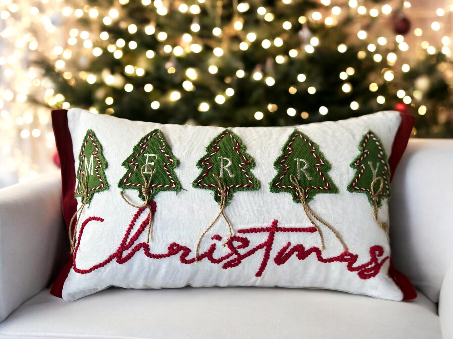 Merry Christmas Embroidered and  Applique Tree with Jute Embellishments Throw Pillow