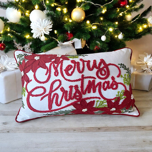 merry christmas pillow lumbar festive vintage pillow in white and red with poinsettias