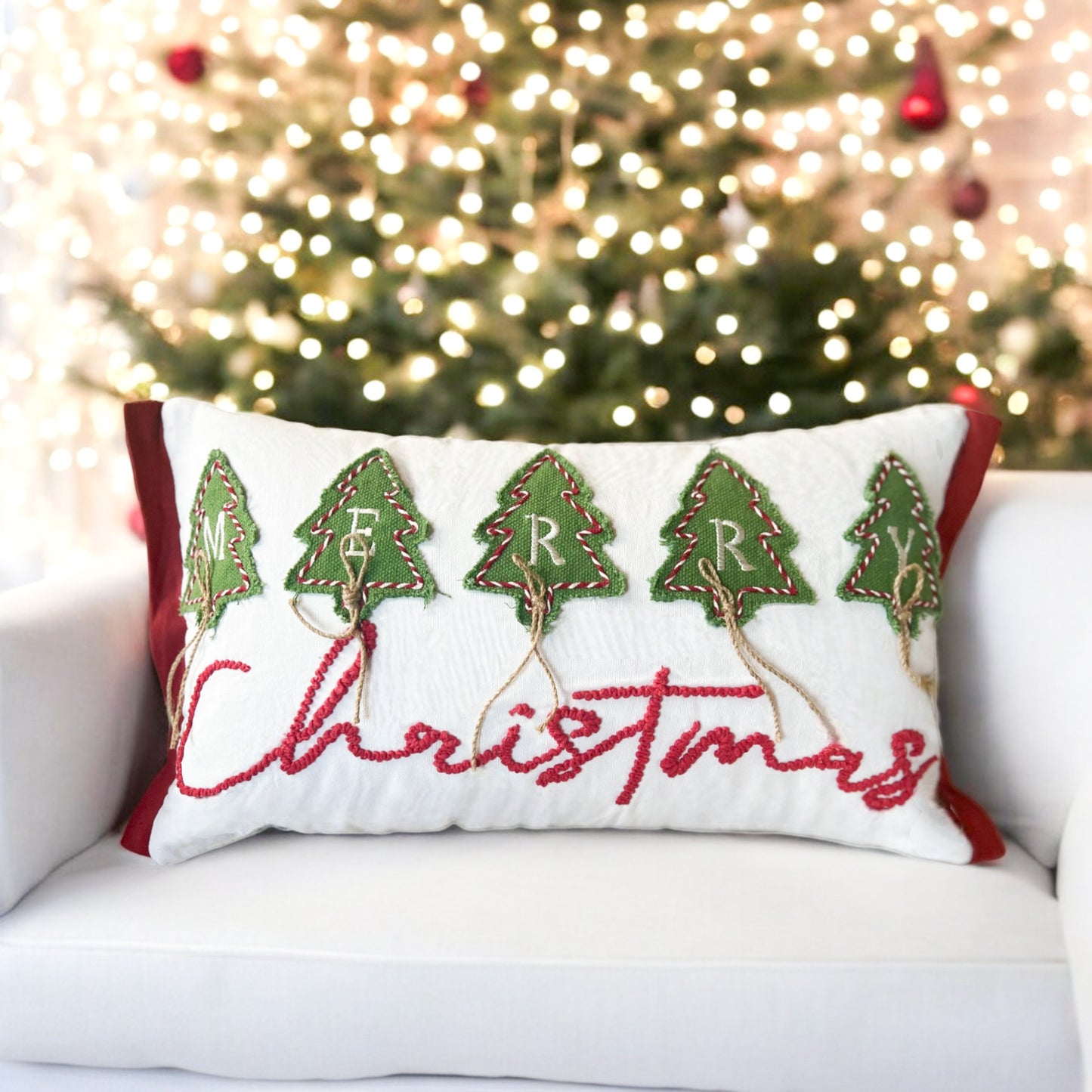 Merry Christmas Embroidered and  Applique Tree with Jute Embellishments Throw Pillow