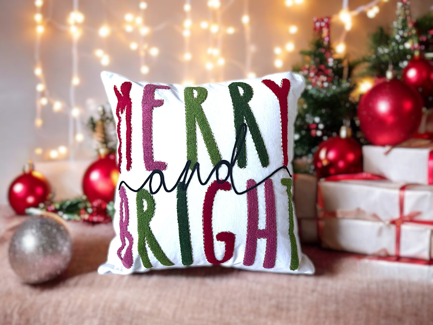 Merry and Bright Embroidered Christmas Themed Pillow