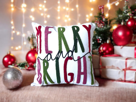 Merry and Bright Embroidered Christmas Themed Pillow