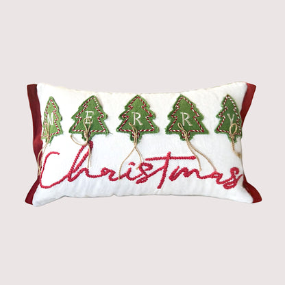 Merry Christmas Embroidered and  Applique Tree with Jute Embellishments Throw Pillow