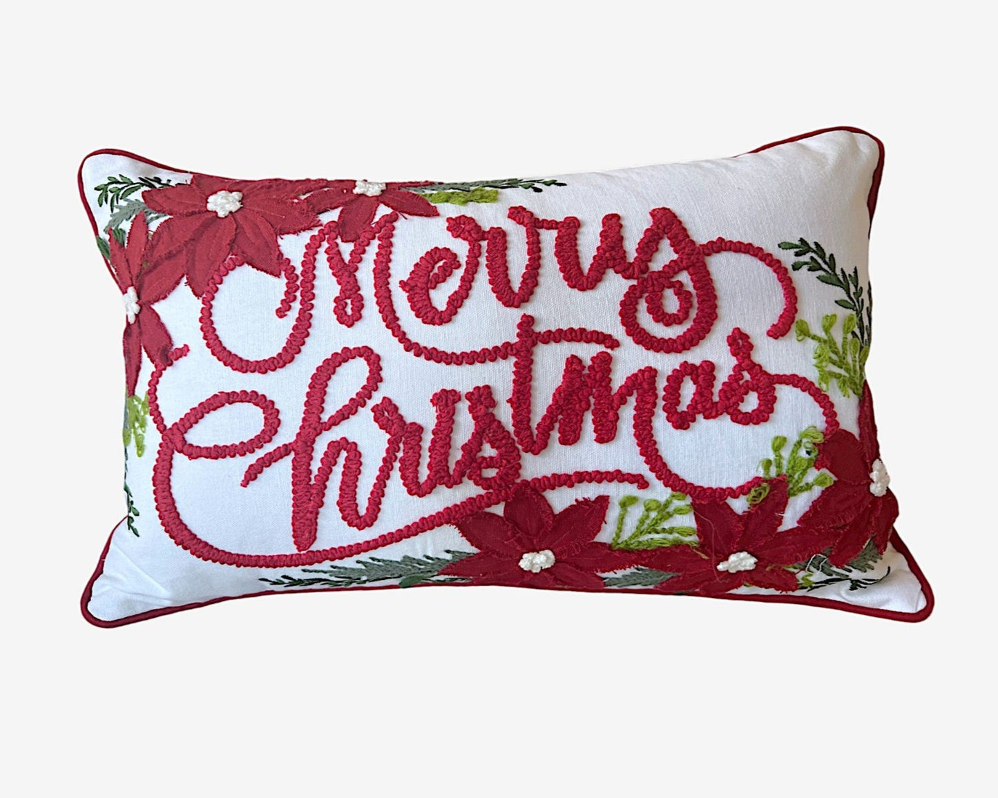 Merry Christmas Floral Embroidered Throw Pillow