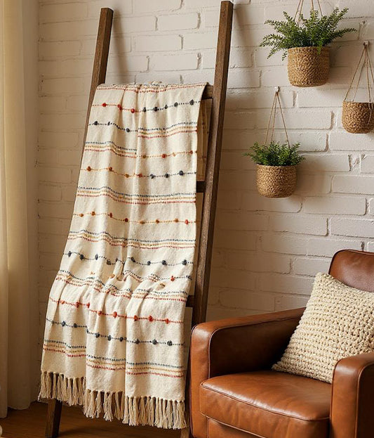 Hand Woven Beige Tassel Cotton Throw Blanket with Tufts