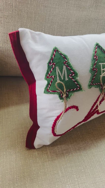 Merry Christmas Embroidered and  Applique Tree with Jute Embellishments Throw Pillow