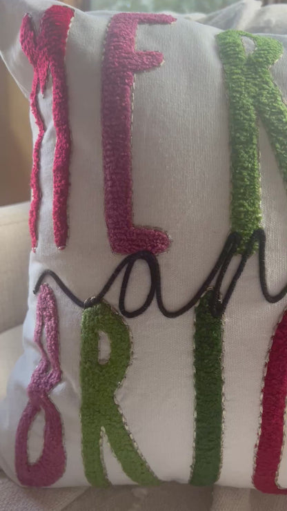 Merry and Bright Embroidered Christmas Themed Pillow